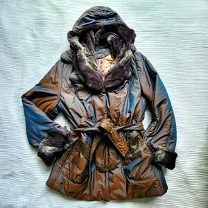 Vintage Olive Green Iridescent Coat with Faux Fur Trim and Animal Print Lining